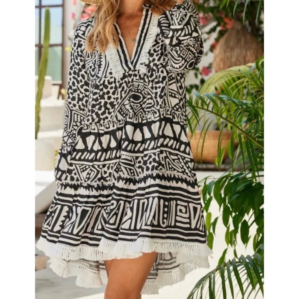Kenny Flowers Black White Mixed Print Tiered Fringe Mini Dress Womens Medium